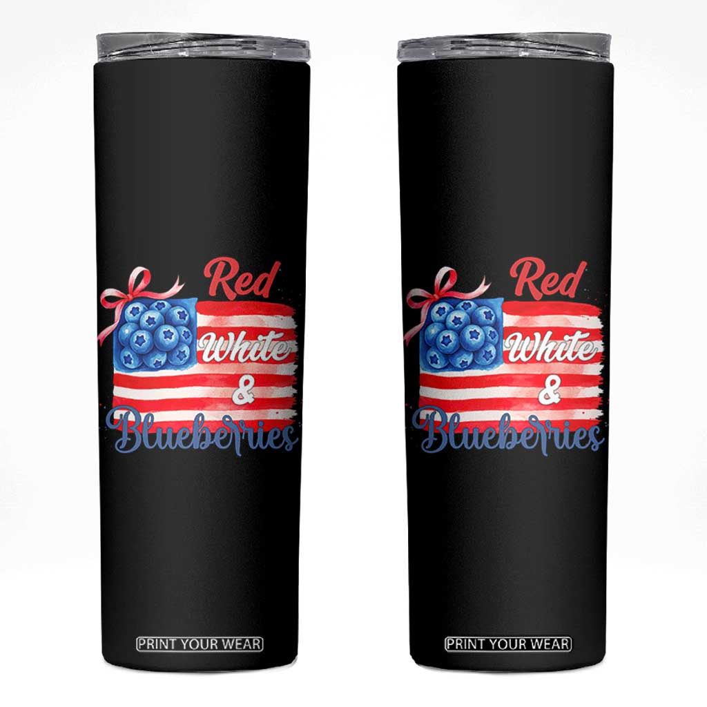 Red White and Blueberries Skinny Tumbler Patriotic Vintage American Flag Coquette Bow TS02 Black Print Your Wear