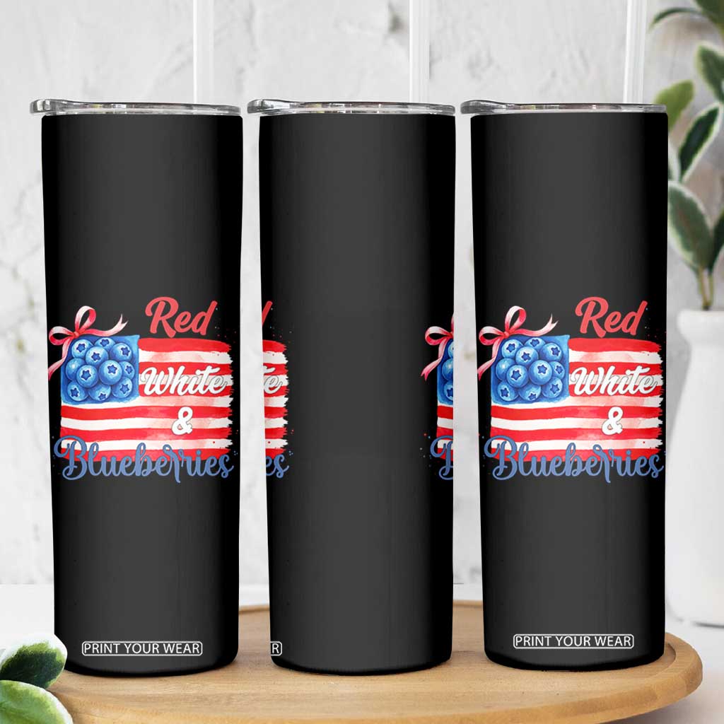 Red White and Blueberries Skinny Tumbler Patriotic Vintage American Flag Coquette Bow TS02 Print Your Wear