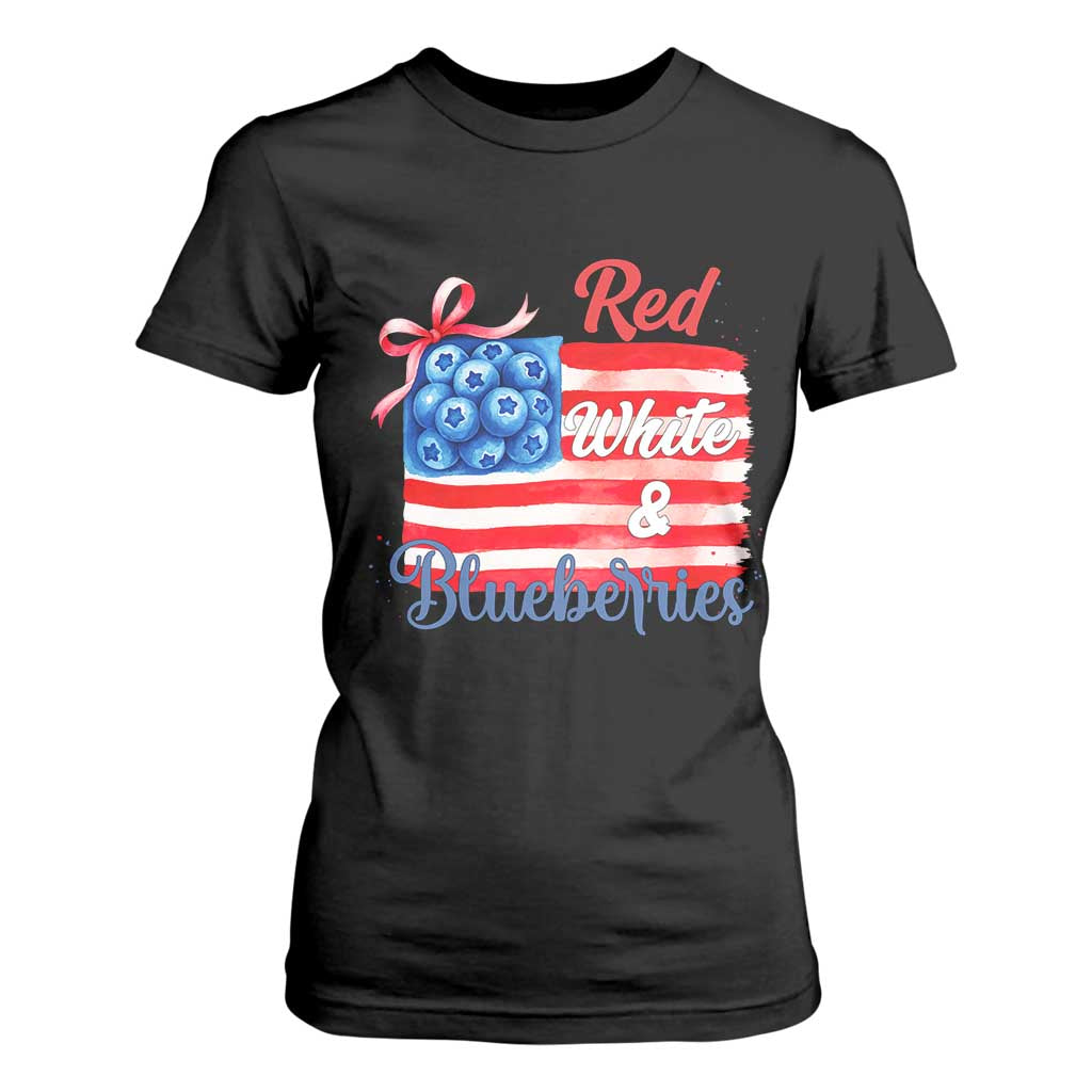 Red White and Blueberries T Shirt For Women Patriotic Vintage American Flag Coquette Bow TS02 Black Print Your Wear