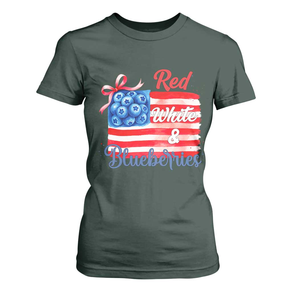 Red White and Blueberries T Shirt For Women Patriotic Vintage American Flag Coquette Bow TS02 Dark Forest Green Print Your Wear