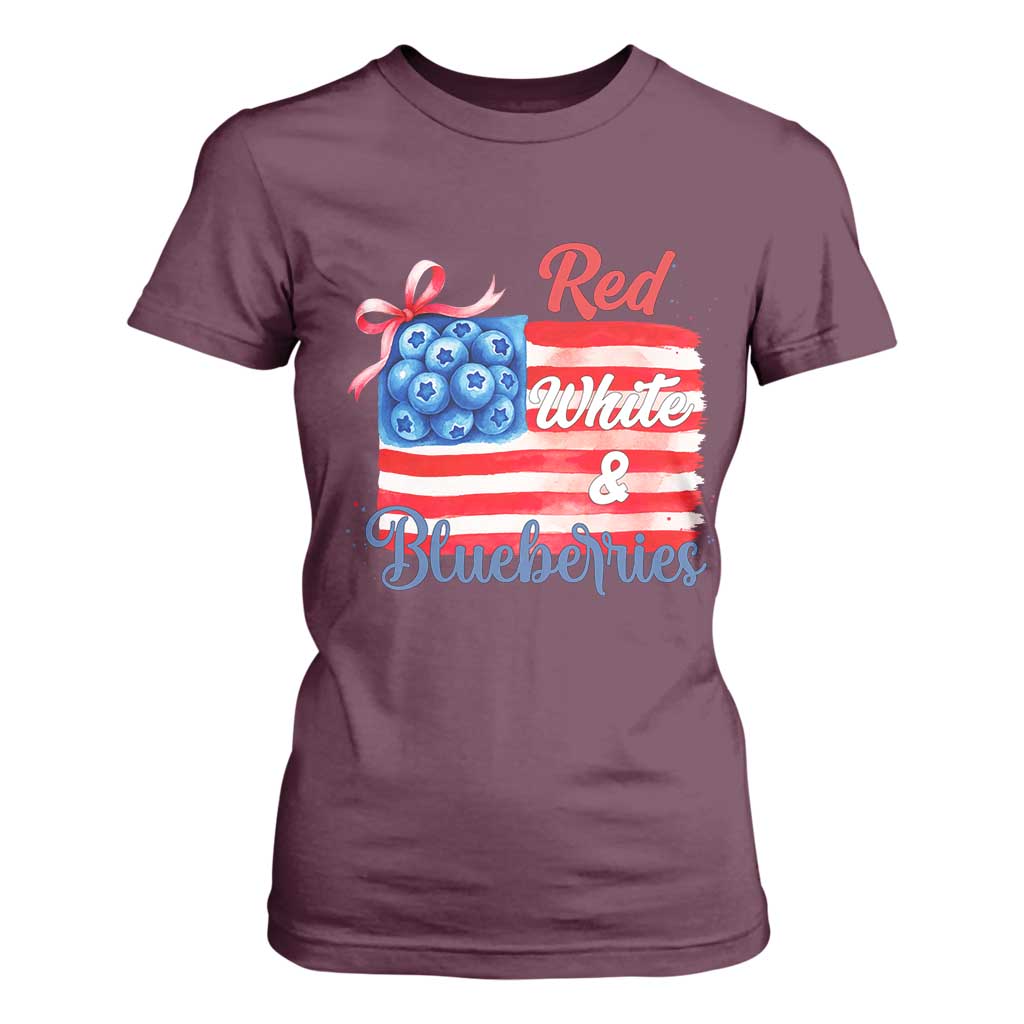 Red White and Blueberries T Shirt For Women Patriotic Vintage American Flag Coquette Bow TS02 Maroon Print Your Wear