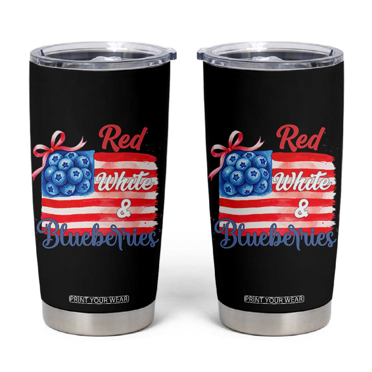 Red White and Blueberries Tumbler Cup Patriotic Vintage American Flag Coquette Bow TS02 Black Print Your Wear