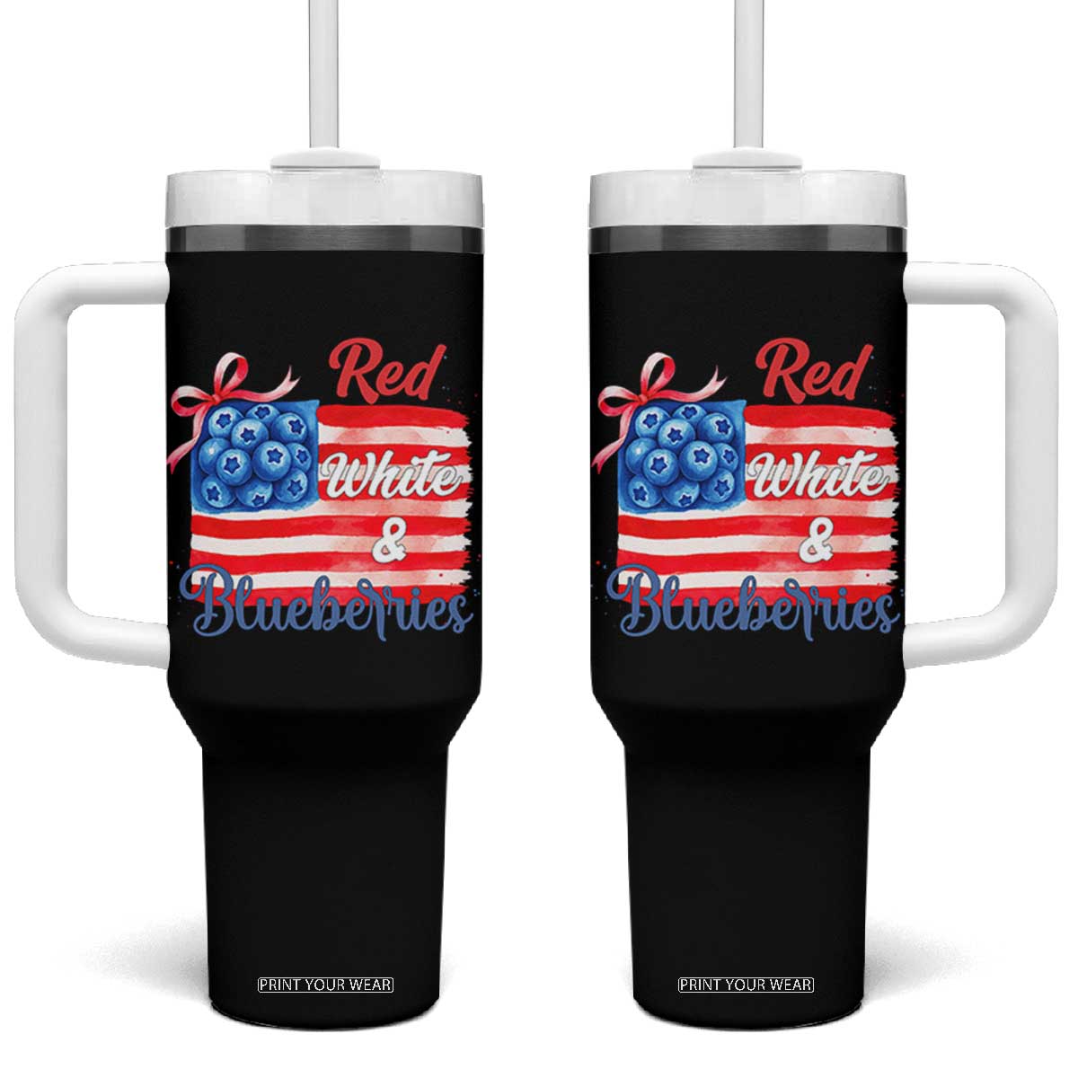 Red White and Blueberries Tumbler With Handle Patriotic Vintage American Flag Coquette Bow TS02 One Size: 40 oz Black Print Your Wear
