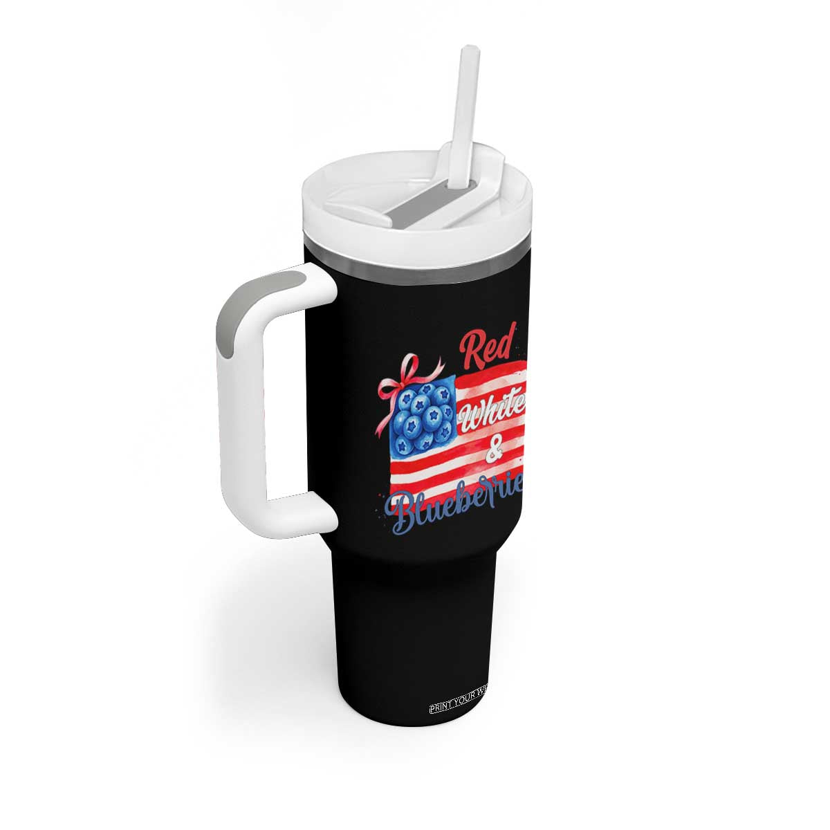 Red White and Blueberries Tumbler With Handle Patriotic Vintage American Flag Coquette Bow TS02 Print Your Wear