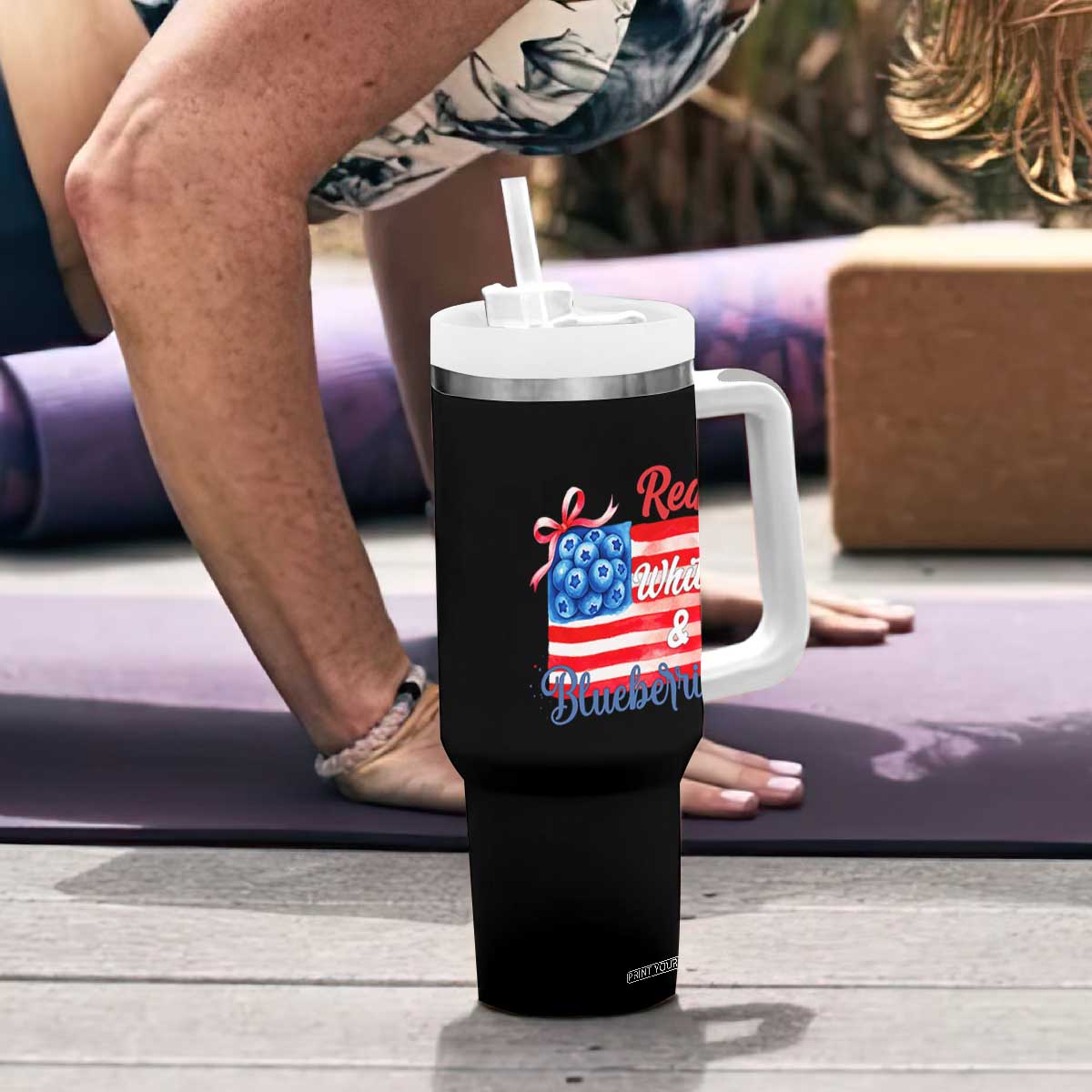 Red White and Blueberries Tumbler With Handle Patriotic Vintage American Flag Coquette Bow TS02 Print Your Wear