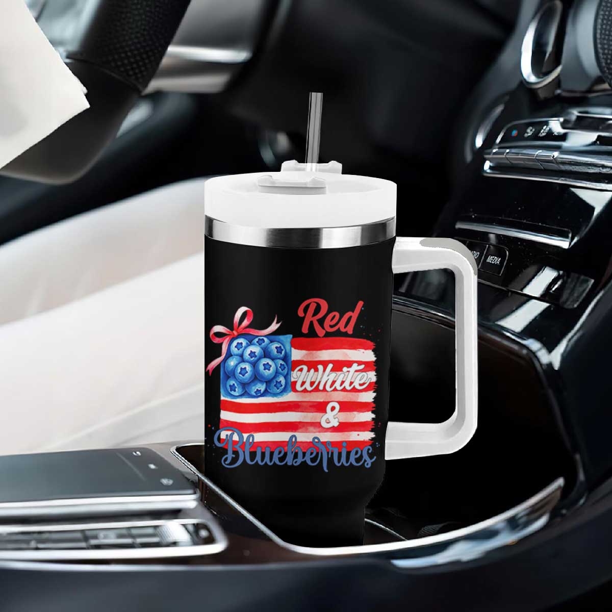 Red White and Blueberries Tumbler With Handle Patriotic Vintage American Flag Coquette Bow TS02 Print Your Wear
