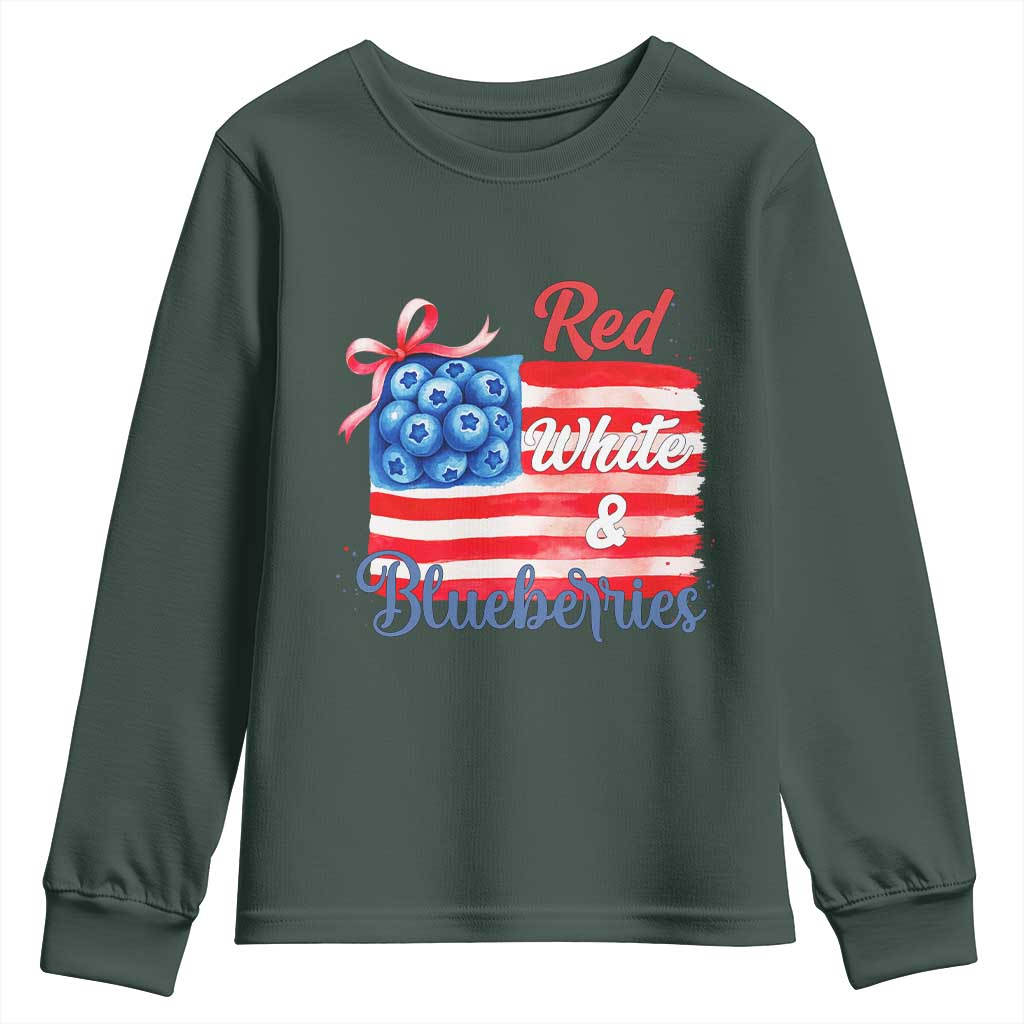 Red White and Blueberries Youth Sweatshirt Patriotic Vintage American Flag Coquette Bow TS02 Dark Forest Green Print Your Wear