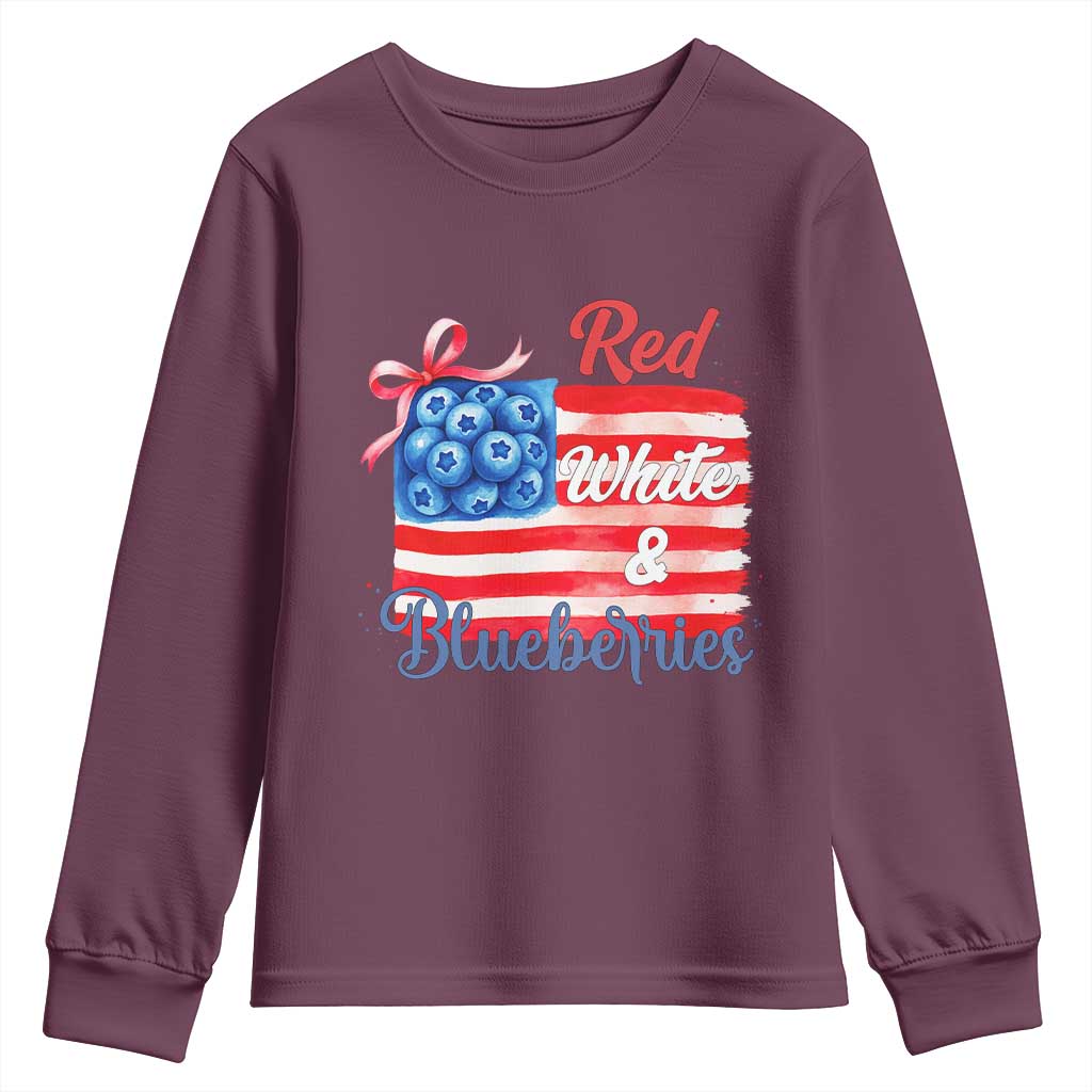 Red White and Blueberries Youth Sweatshirt Patriotic Vintage American Flag Coquette Bow TS02 Maroon Print Your Wear
