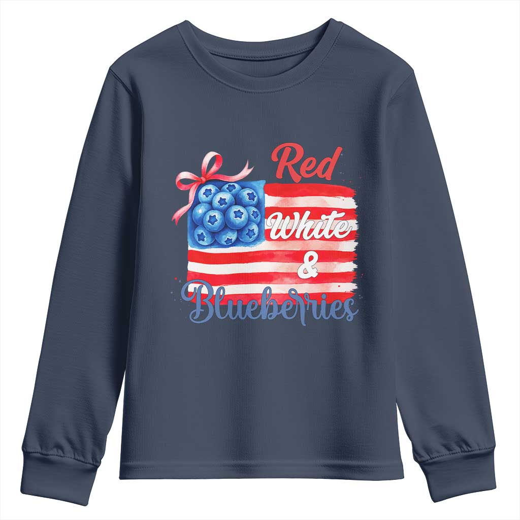 Red White and Blueberries Youth Sweatshirt Patriotic Vintage American Flag Coquette Bow TS02 Navy Print Your Wear