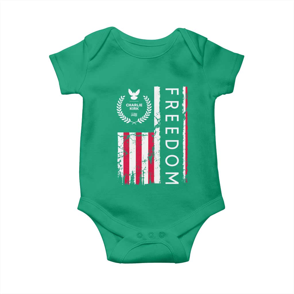Freedom Charlie Kirk Tribute Baby Onesie Patriotic Legacy Eagle Distressed American Flag TS02 Irish Green Print Your Wear