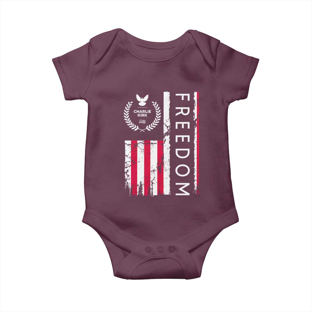 Freedom Charlie Kirk Tribute Baby Onesie Patriotic Legacy Eagle Distressed American Flag TS02 Maroon Print Your Wear