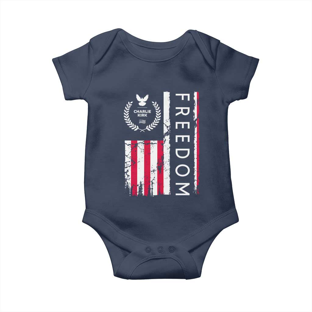Freedom Charlie Kirk Tribute Baby Onesie Patriotic Legacy Eagle Distressed American Flag TS02 Navy Print Your Wear