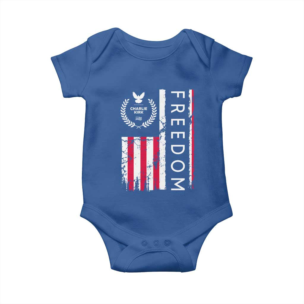 Freedom Charlie Kirk Tribute Baby Onesie Patriotic Legacy Eagle Distressed American Flag TS02 Royal Blue Print Your Wear