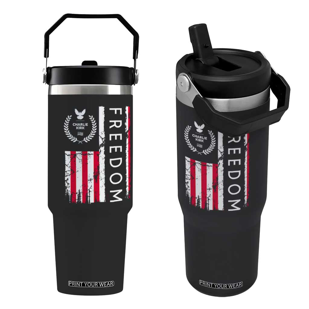 Freedom Charlie Kirk Tribute Flip Straw Tumbler Patriotic Legacy Eagle Distressed American Flag TS02 One Size: 30 oz Black Print Your Wear