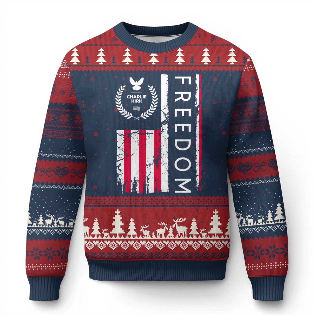 Freedom Charlie Kirk Tribute Ugly Christmas Sweater Patriotic Legacy Eagle Distressed American Flag TS02 Navy Red Print Your Wear