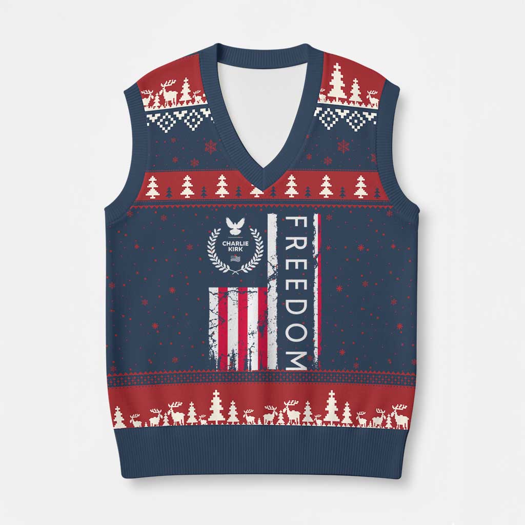 Freedom Charlie Kirk Tribute V-Neck Knit Sweater Vest Patriotic Legacy Eagle Distressed American Flag TS02 Navy Red Print Your Wear