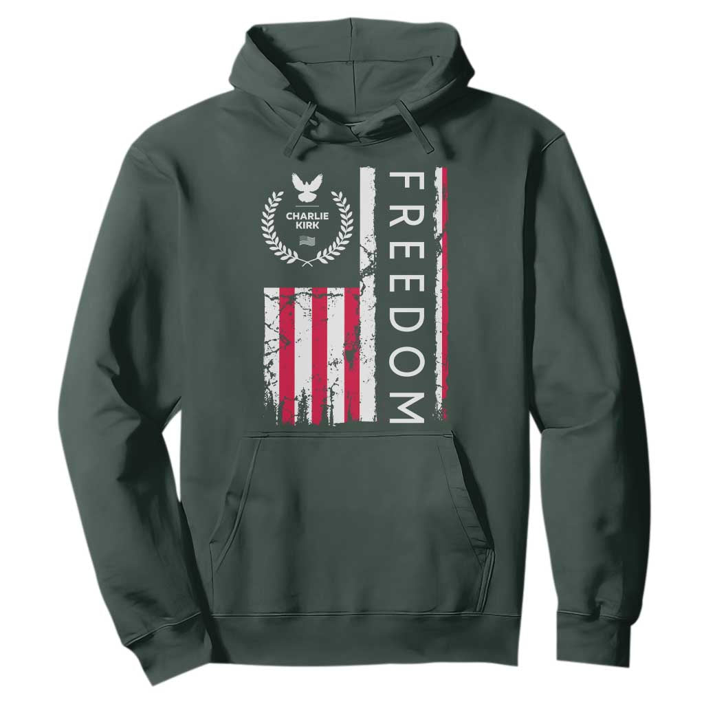 Freedom Charlie Kirk Tribute Hoodie Patriotic Legacy Eagle Distressed American Flag TS02 Dark Forest Green Print Your Wear