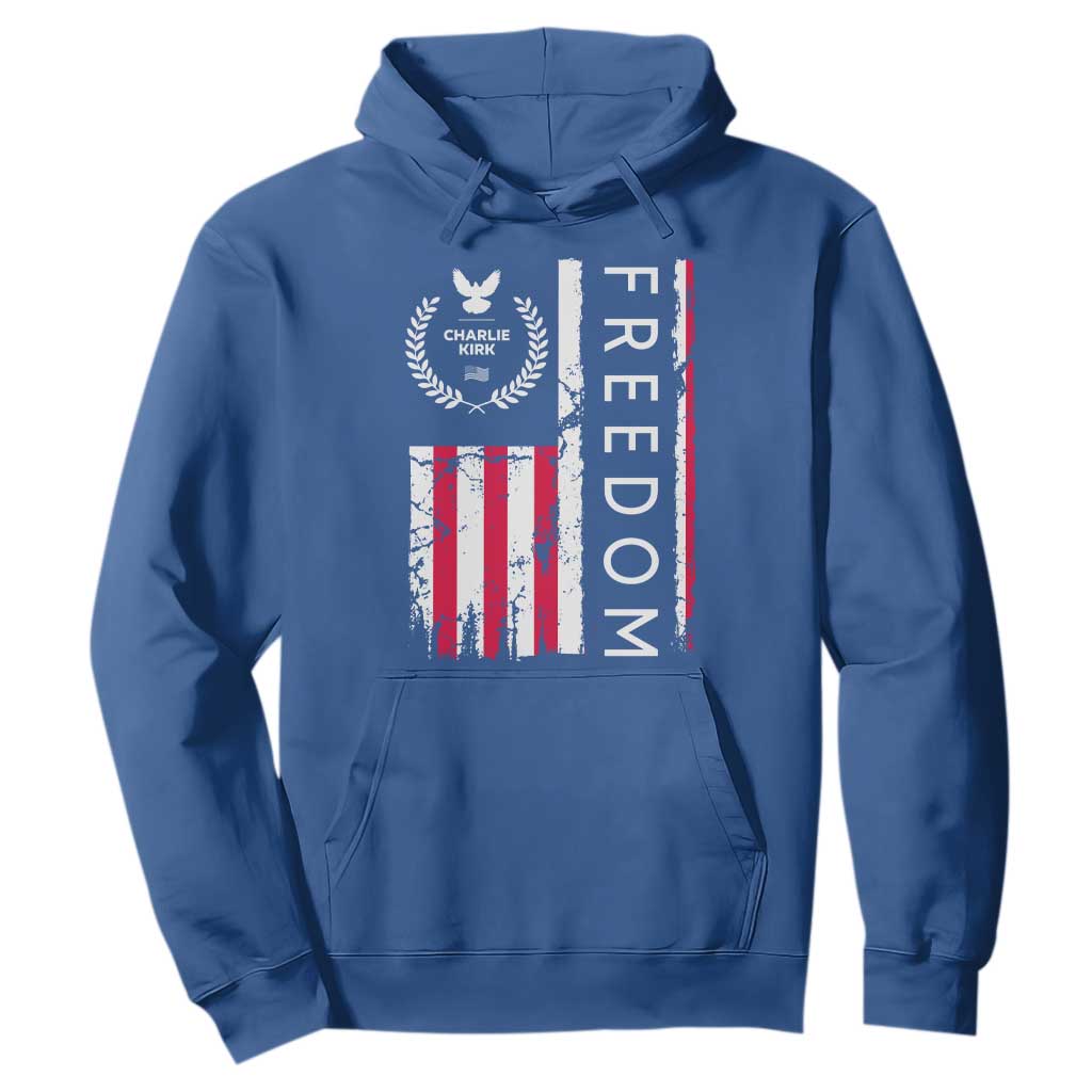 Freedom Charlie Kirk Tribute Hoodie Patriotic Legacy Eagle Distressed American Flag TS02 Royal Blue Print Your Wear