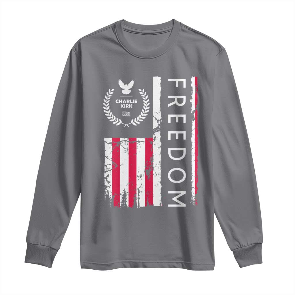 Freedom Charlie Kirk Tribute Long Sleeve Shirt Patriotic Legacy Eagle Distressed American Flag TS02 Charcoal Print Your Wear