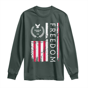Freedom Charlie Kirk Tribute Long Sleeve Shirt Patriotic Legacy Eagle Distressed American Flag TS02 Dark Forest Green Print Your Wear