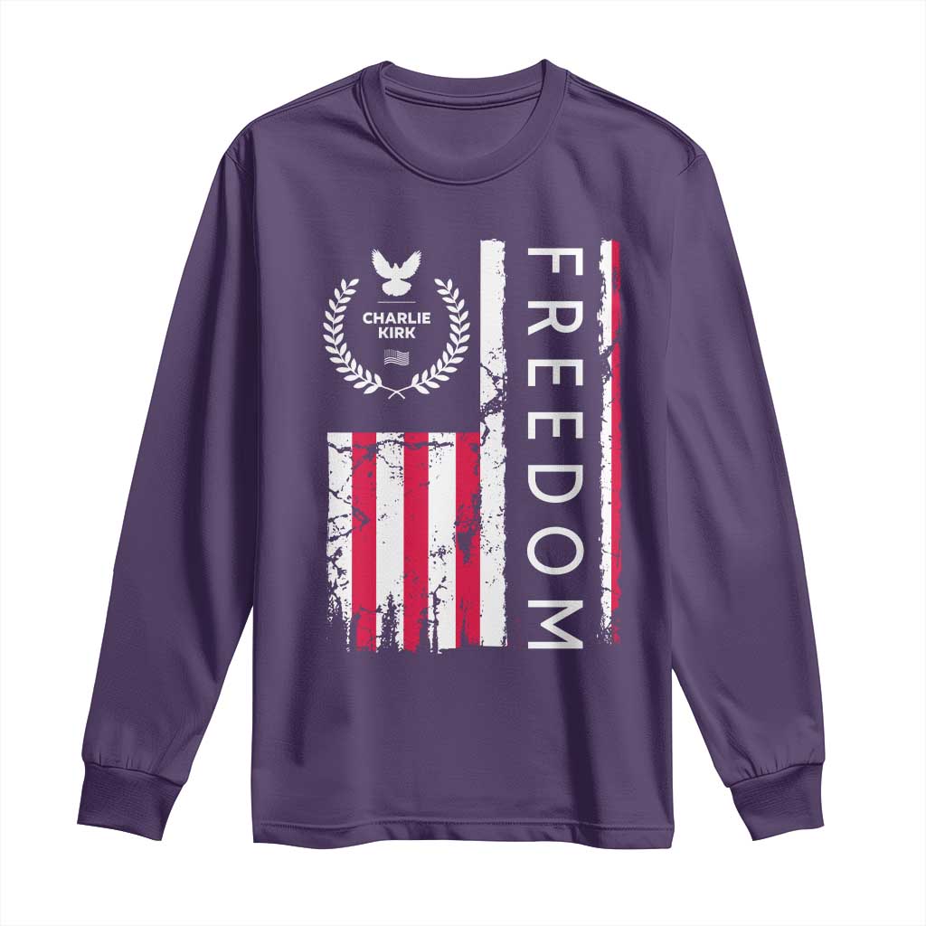 Freedom Charlie Kirk Tribute Long Sleeve Shirt Patriotic Legacy Eagle Distressed American Flag TS02 Purple Print Your Wear