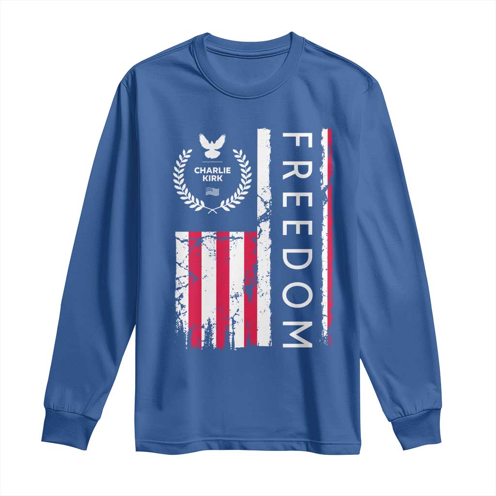 Freedom Charlie Kirk Tribute Long Sleeve Shirt Patriotic Legacy Eagle Distressed American Flag TS02 Royal Blue Print Your Wear