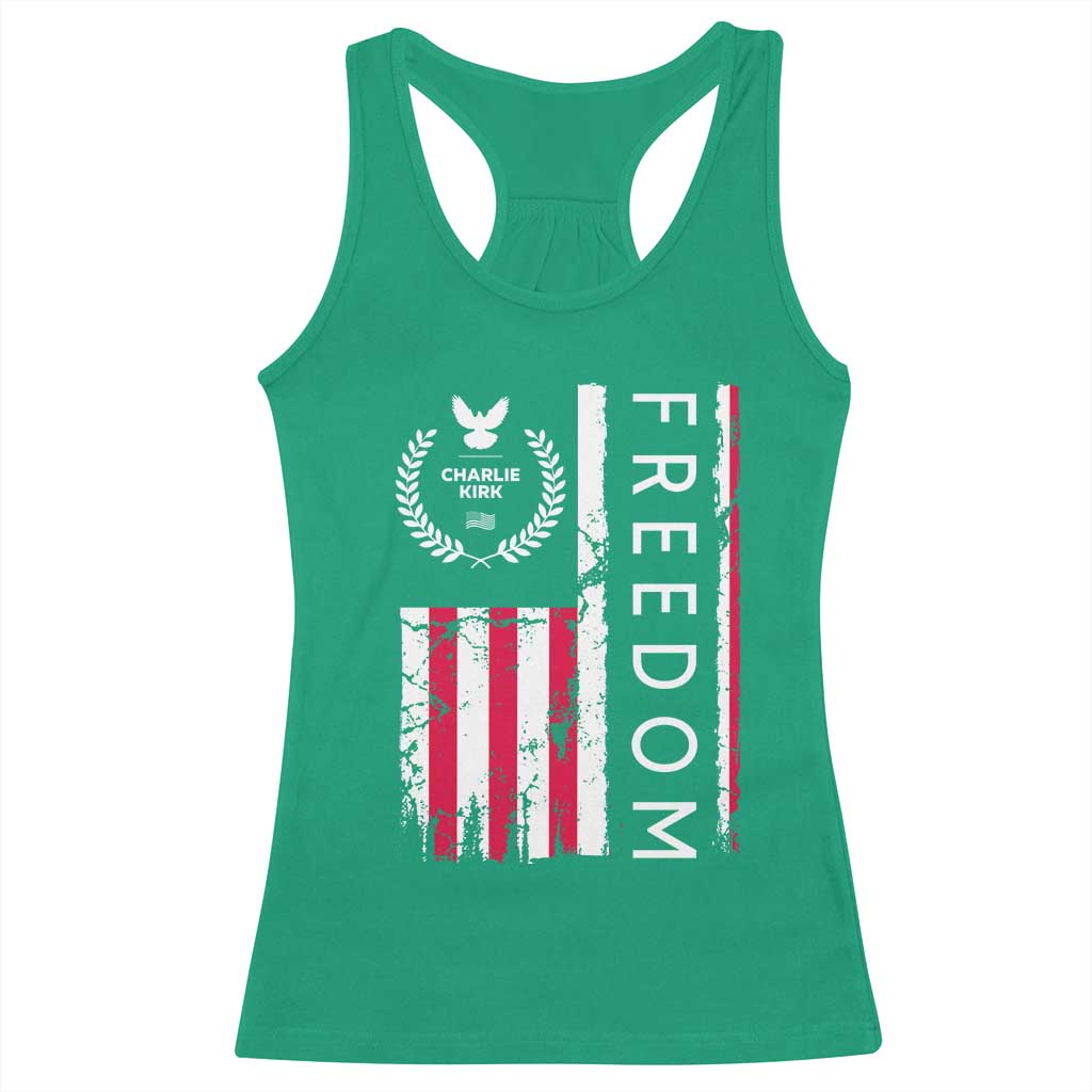 Freedom Charlie Kirk Tribute Racerback Tank Top Patriotic Legacy Eagle Distressed American Flag TS02 Irish Green Print Your Wear