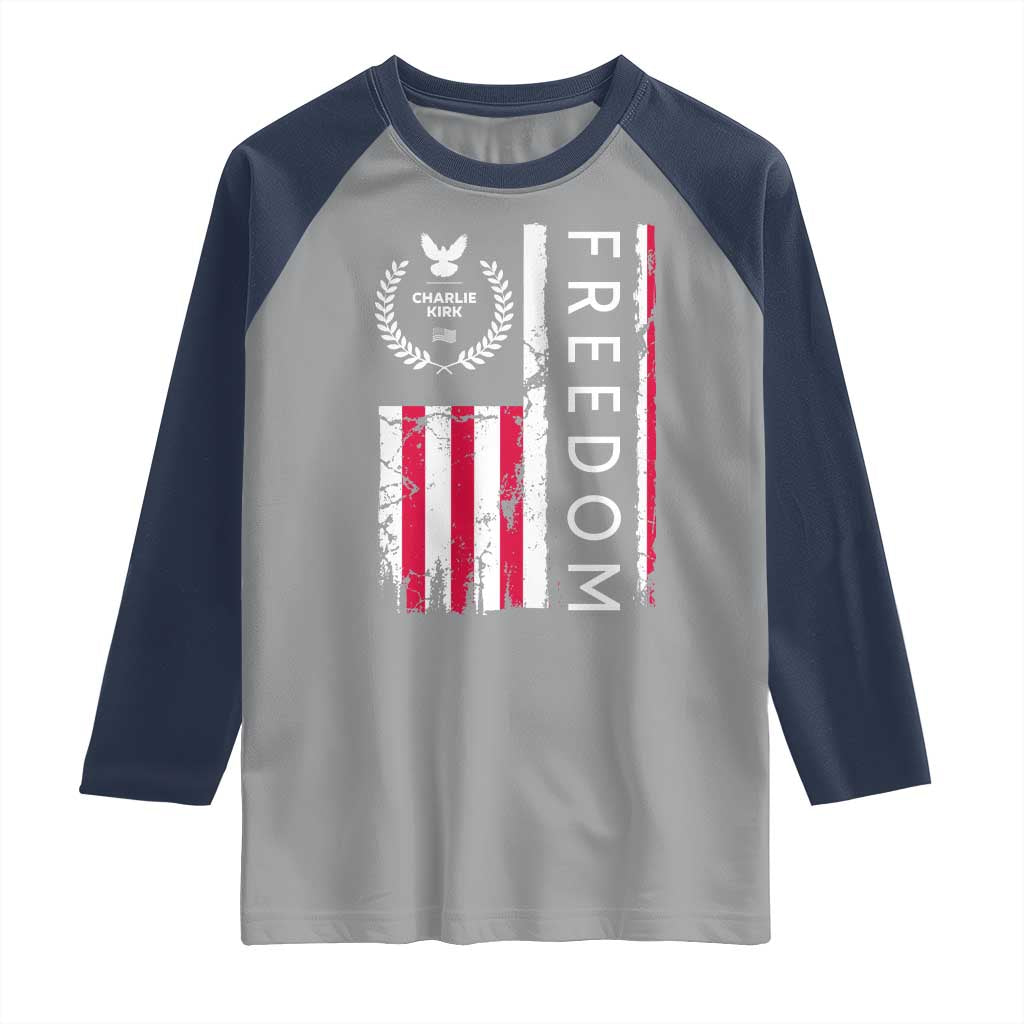 Freedom Charlie Kirk Tribute Raglan Shirt Patriotic Legacy Eagle Distressed American Flag TS02 Sport Gray Navy Print Your Wear