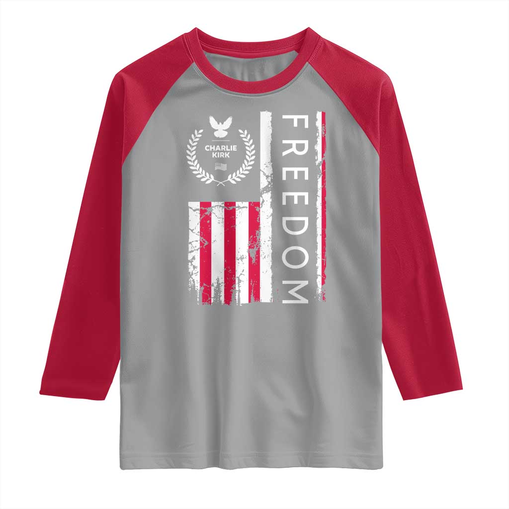 Freedom Charlie Kirk Tribute Raglan Shirt Patriotic Legacy Eagle Distressed American Flag TS02 Sport Gray Red Print Your Wear