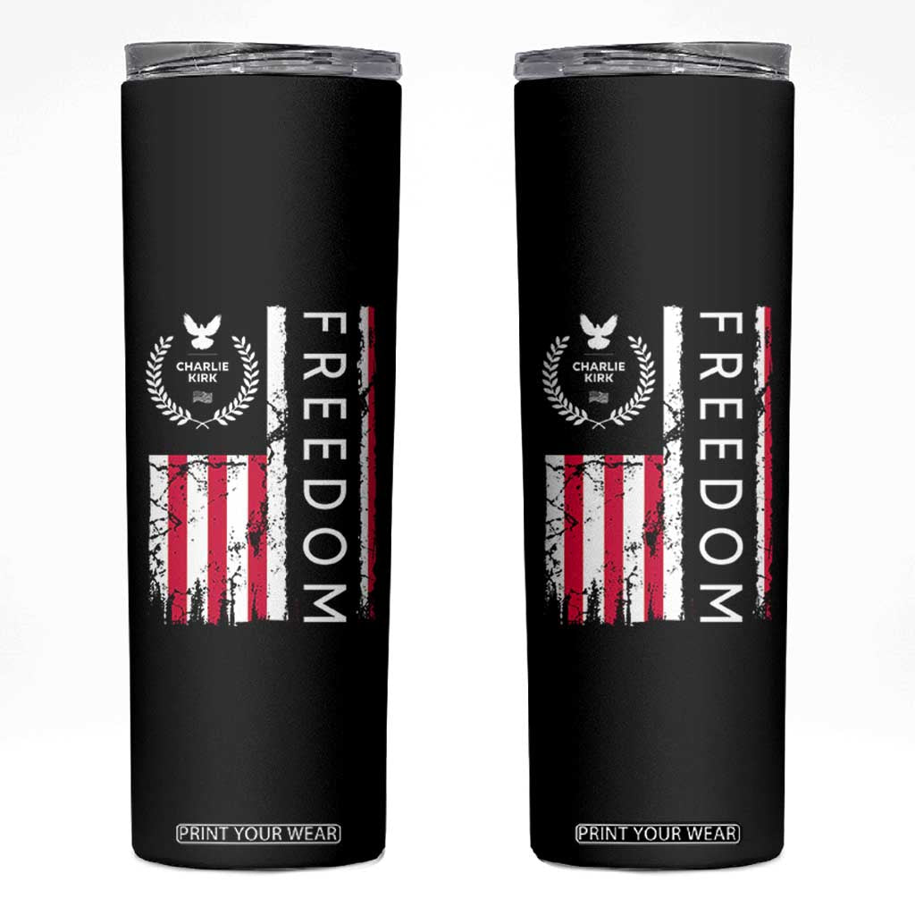 Freedom Charlie Kirk Tribute Skinny Tumbler Patriotic Legacy Eagle Distressed American Flag TS02 Black Print Your Wear