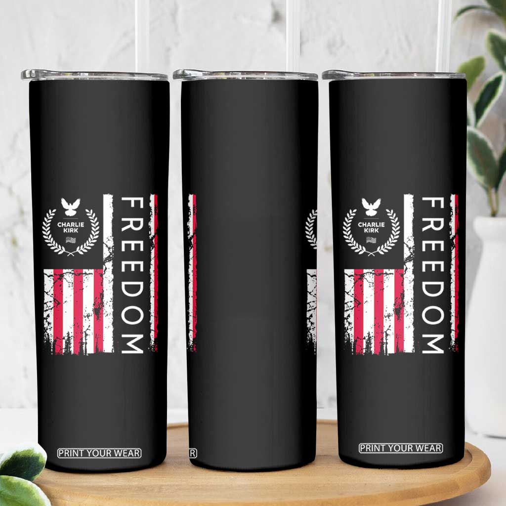 Freedom Charlie Kirk Tribute Skinny Tumbler Patriotic Legacy Eagle Distressed American Flag TS02 Print Your Wear