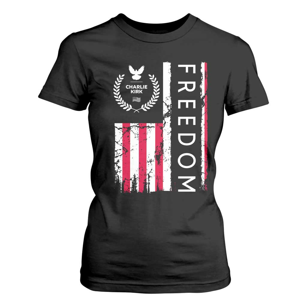 Freedom Charlie Kirk Tribute T Shirt For Women Patriotic Legacy Eagle Distressed American Flag TS02 Black Print Your Wear