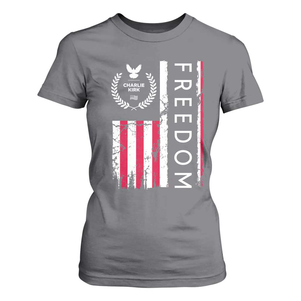 Freedom Charlie Kirk Tribute T Shirt For Women Patriotic Legacy Eagle Distressed American Flag TS02 Charcoal Print Your Wear