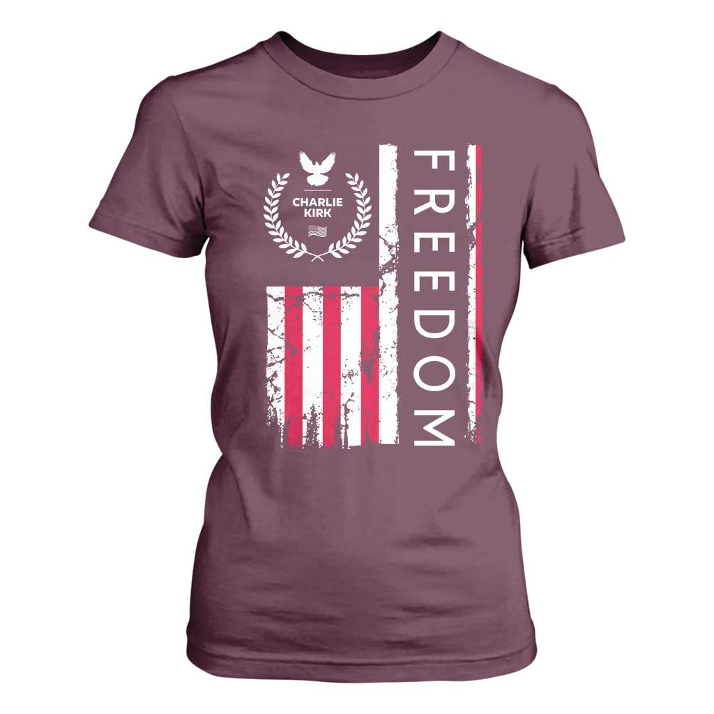 Freedom Charlie Kirk Tribute T Shirt For Women Patriotic Legacy Eagle Distressed American Flag TS02 Maroon Print Your Wear