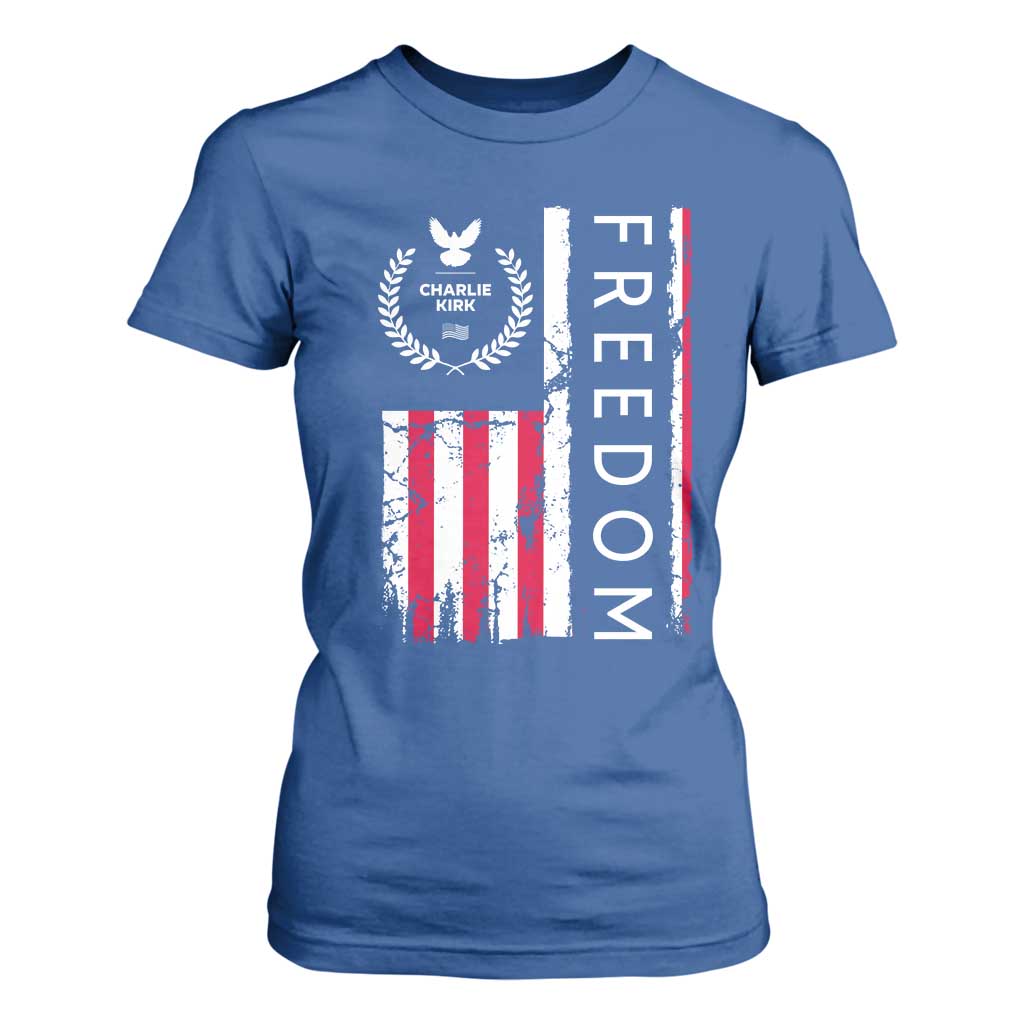Freedom Charlie Kirk Tribute T Shirt For Women Patriotic Legacy Eagle Distressed American Flag TS02 Royal Blue Print Your Wear