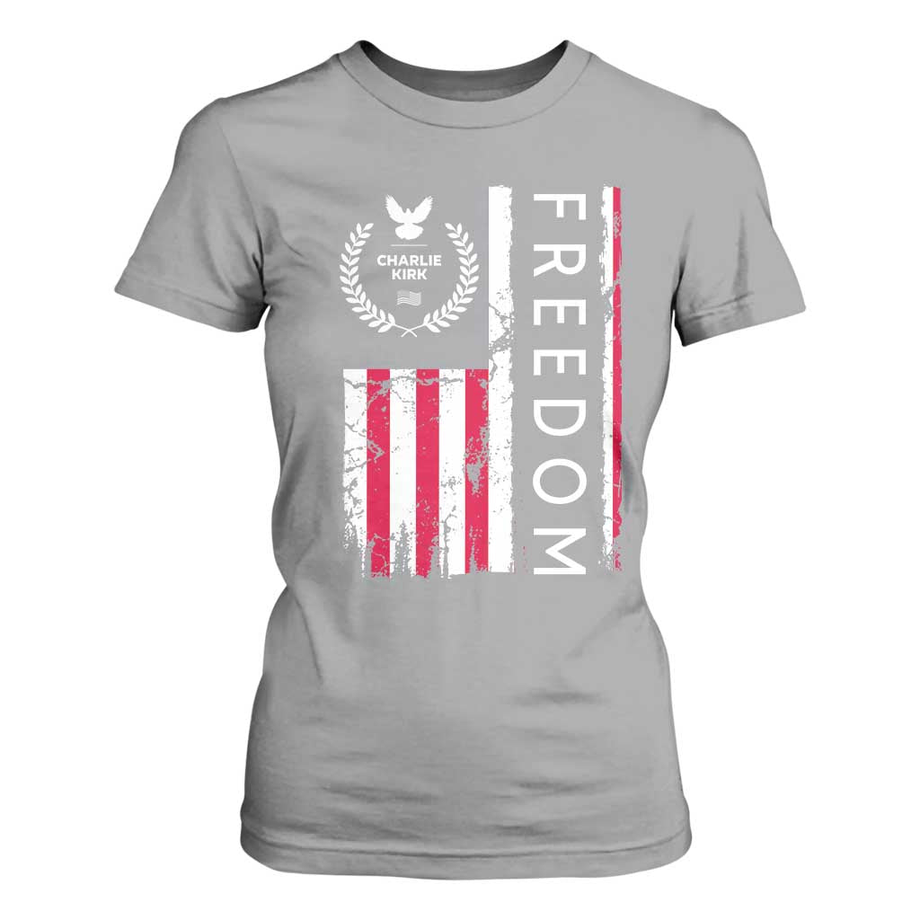 Freedom Charlie Kirk Tribute T Shirt For Women Patriotic Legacy Eagle Distressed American Flag TS02 Sport Gray Print Your Wear