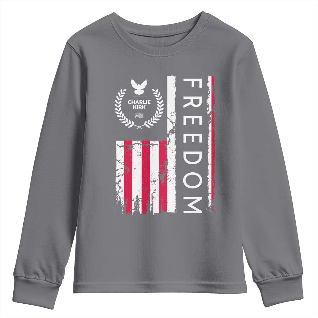 Freedom Charlie Kirk Tribute Youth Sweatshirt Patriotic Legacy Eagle Distressed American Flag TS02 Charcoal Print Your Wear