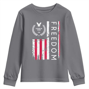 Freedom Charlie Kirk Tribute Youth Sweatshirt Patriotic Legacy Eagle Distressed American Flag TS02 Charcoal Print Your Wear