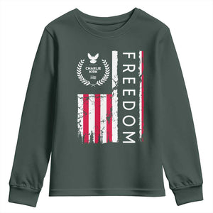 Freedom Charlie Kirk Tribute Youth Sweatshirt Patriotic Legacy Eagle Distressed American Flag TS02 Dark Forest Green Print Your Wear