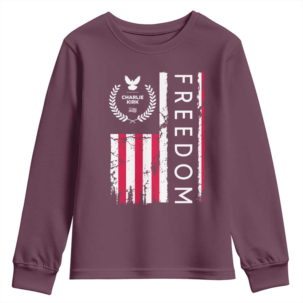 Freedom Charlie Kirk Tribute Youth Sweatshirt Patriotic Legacy Eagle Distressed American Flag TS02 Maroon Print Your Wear