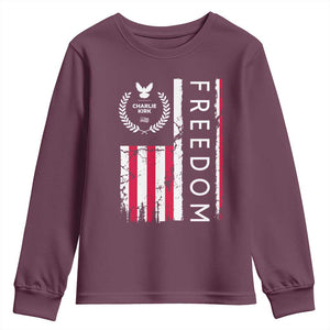 Freedom Charlie Kirk Tribute Youth Sweatshirt Patriotic Legacy Eagle Distressed American Flag TS02 Maroon Print Your Wear
