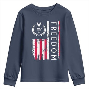 Freedom Charlie Kirk Tribute Youth Sweatshirt Patriotic Legacy Eagle Distressed American Flag TS02 Navy Print Your Wear
