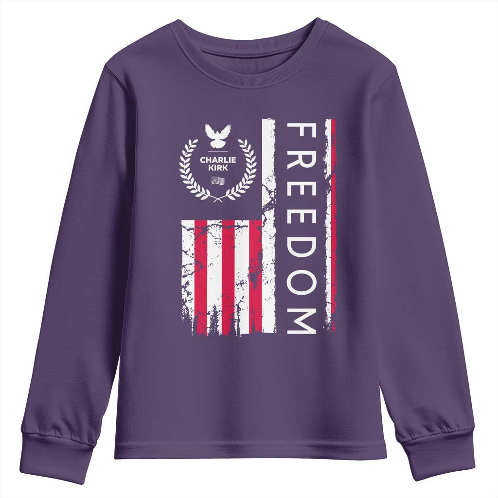 Freedom Charlie Kirk Tribute Youth Sweatshirt Patriotic Legacy Eagle Distressed American Flag TS02 Purple Print Your Wear