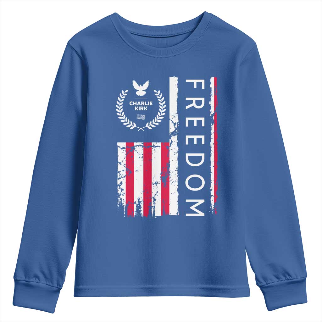 Freedom Charlie Kirk Tribute Youth Sweatshirt Patriotic Legacy Eagle Distressed American Flag TS02 Royal Blue Print Your Wear