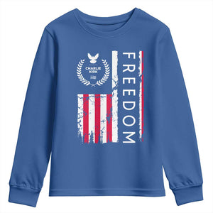 Freedom Charlie Kirk Tribute Youth Sweatshirt Patriotic Legacy Eagle Distressed American Flag TS02 Royal Blue Print Your Wear