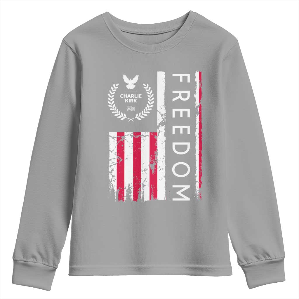 Freedom Charlie Kirk Tribute Youth Sweatshirt Patriotic Legacy Eagle Distressed American Flag TS02 Sport Gray Print Your Wear