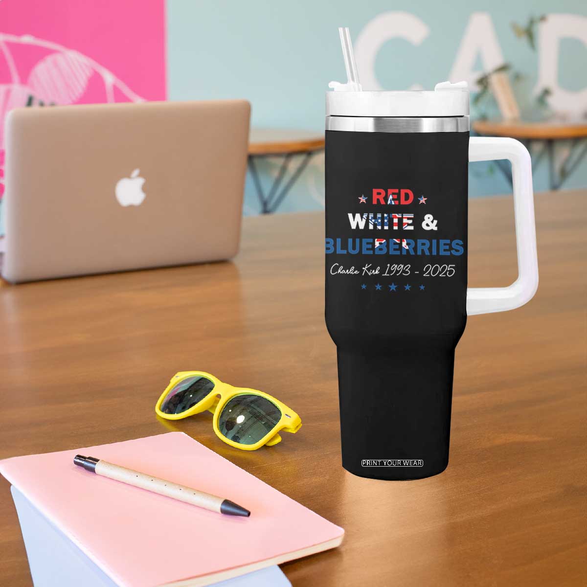 Red White and Blueberries Tumbler With Handle Charlie Kirk 1993 2025 Patriotic Memorial TS02 Print Your Wear