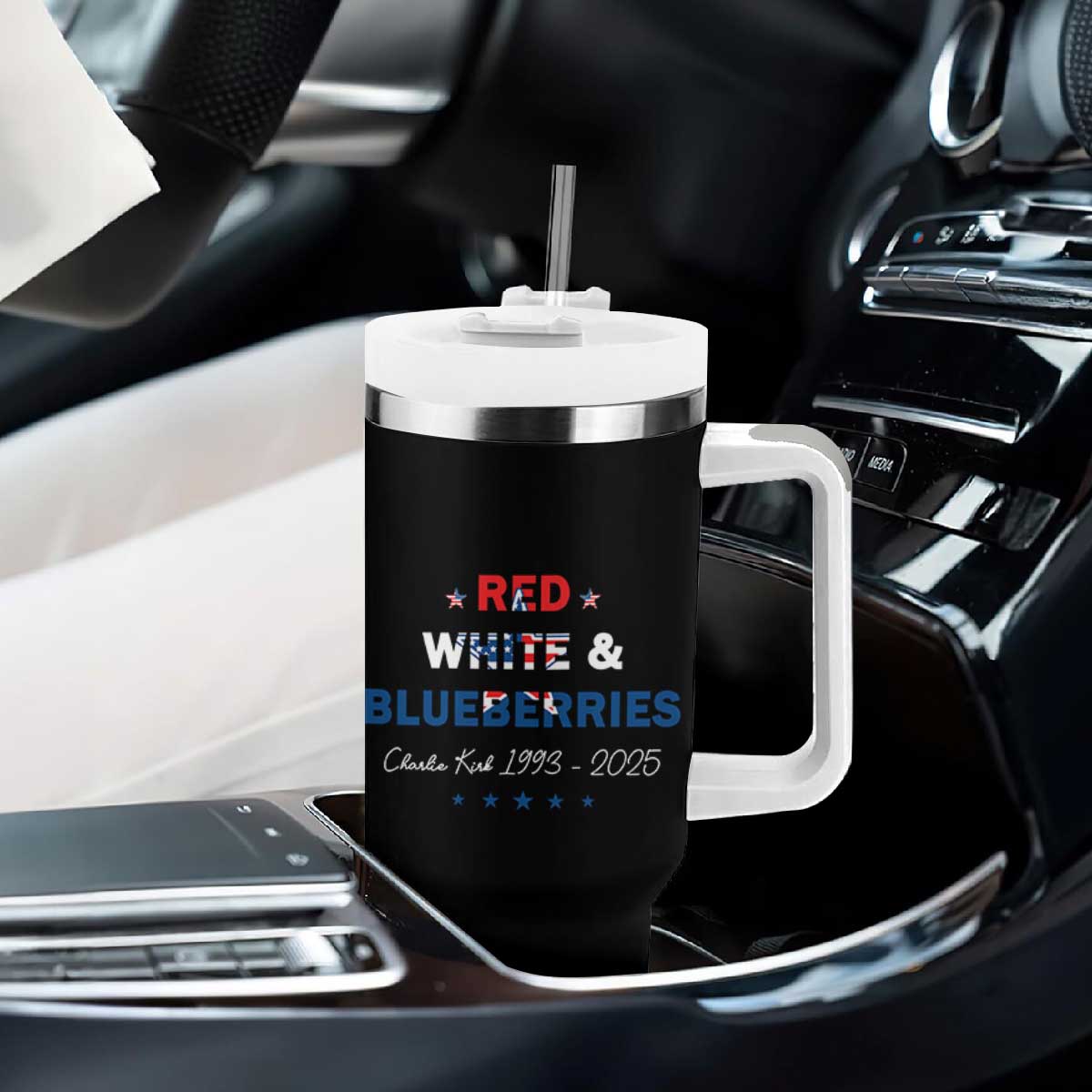 Red White and Blueberries Tumbler With Handle Charlie Kirk 1993 2025 Patriotic Memorial TS02 Print Your Wear