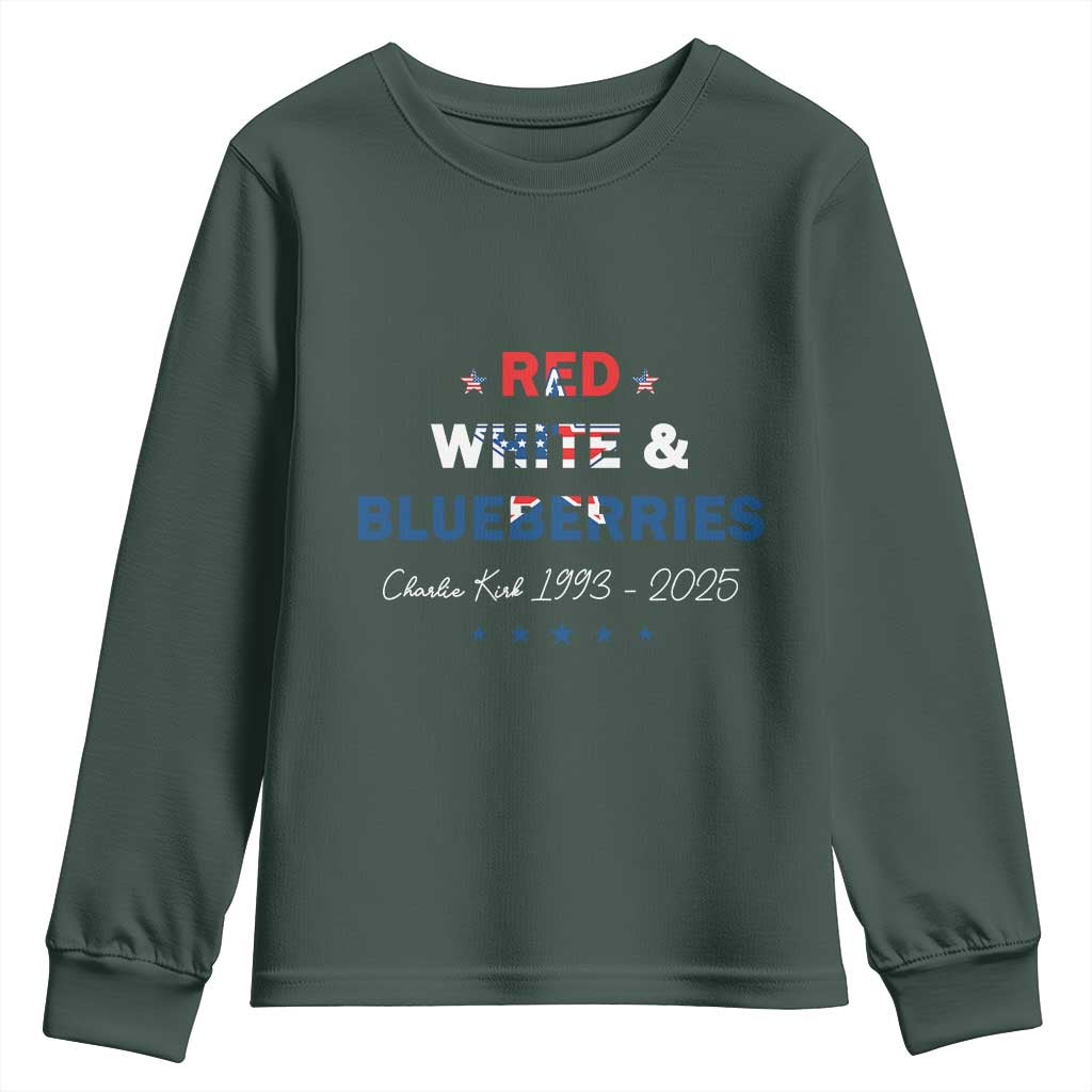 Red White and Blueberries Youth Sweatshirt Charlie Kirk 1993 2025 Patriotic Memorial TS02 Dark Forest Green Print Your Wear