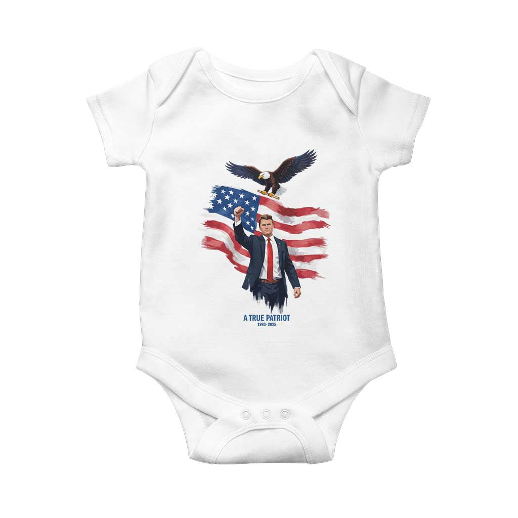 Charlie Kirk Tribute Baby Onesie A True Patriot American Flag Patriotic Eagle TS02 White Print Your Wear